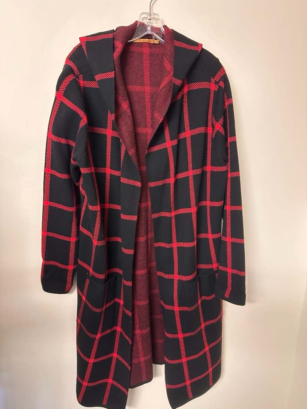 Red & Black Plaid Windowpane Open Front Hooded Long Knit Cardigan Coat